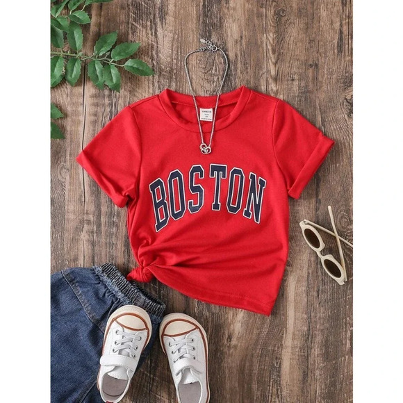 Shein Red Boston Print Short Sleeve Crewneck T-Shirt Women's Size Medium‎ - Picture 1 of 4